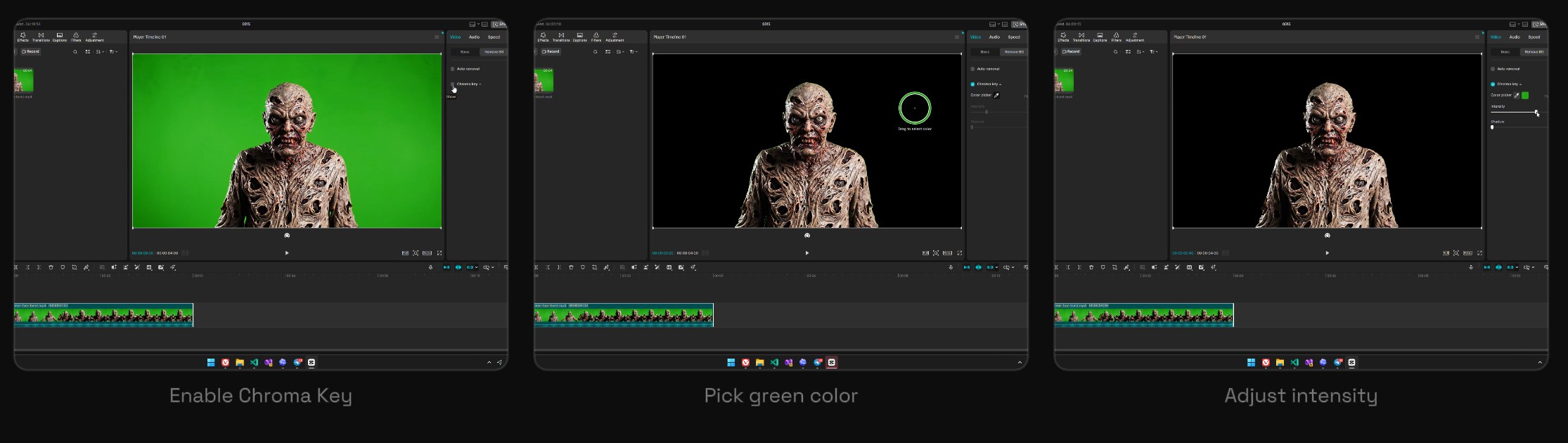 Three CapCut timeline states: enable Chroma Key, pick green color, adjust intensity until the green disappears