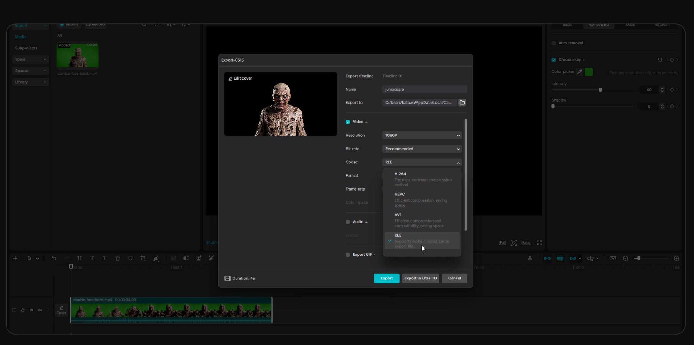 CapCut export dialog showing MOV format with the RLE codec selected and the alpha channel hint visible