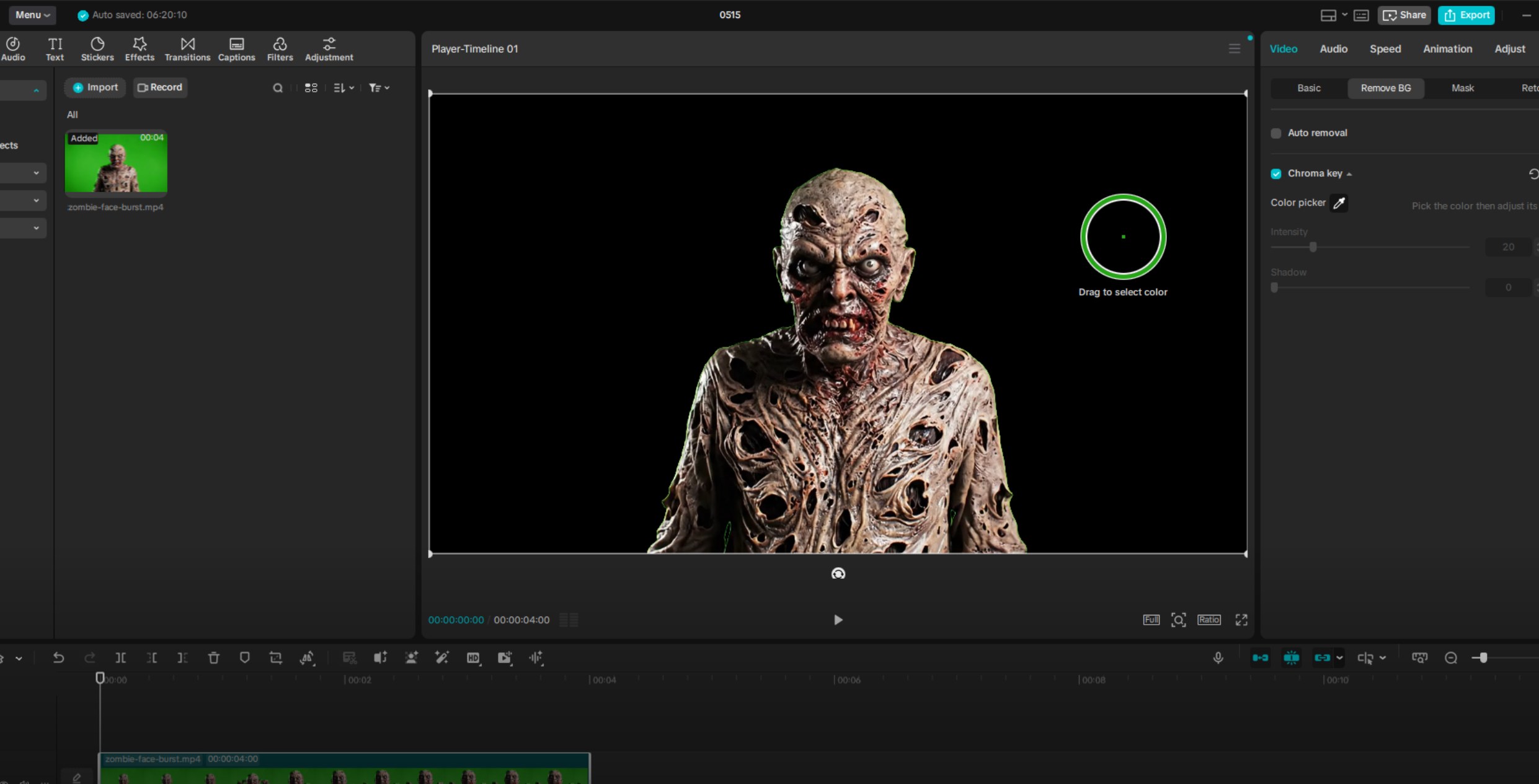 CapCut timeline showing a green-screen zombie clip ready for chroma key removal